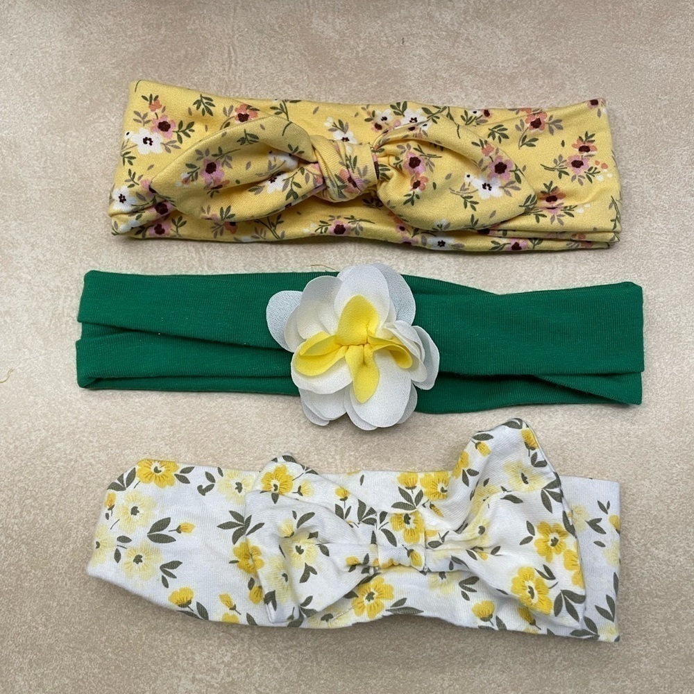 Set Of Three Green White Yellow Floral Infant Toddler Girls Headbands